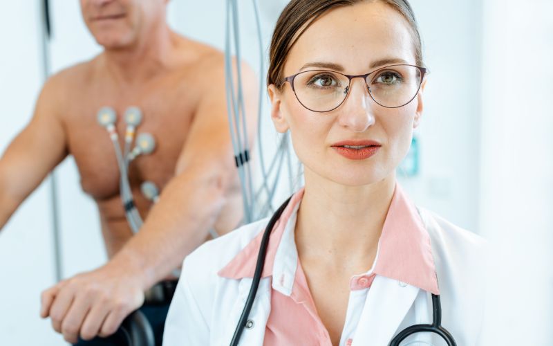 lekarz nadzorujący badanie ekg wysiłkowe